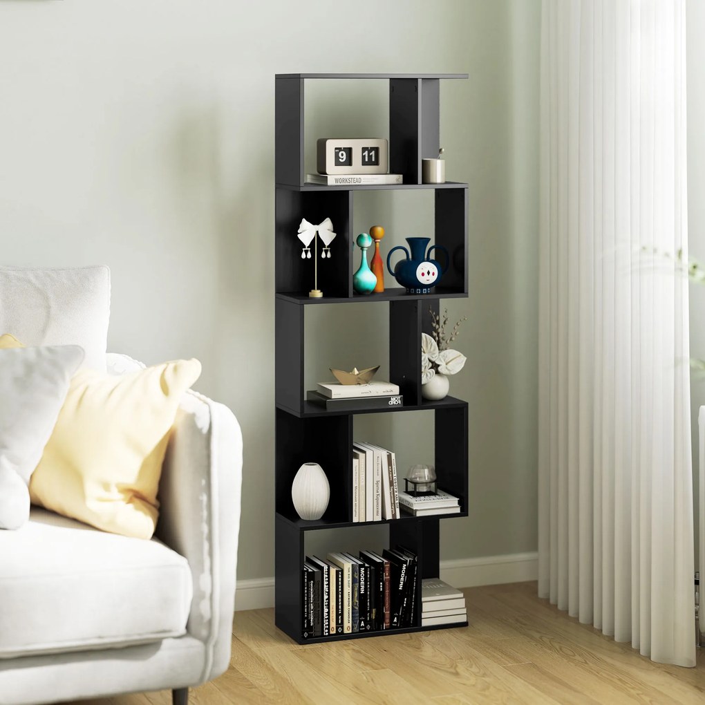 HOMCOM Bibliotecă cu 5 Rafturi Divizate în Formă de S din Lemn, 60x24x184.5 cm, Negru | Aosom Romania