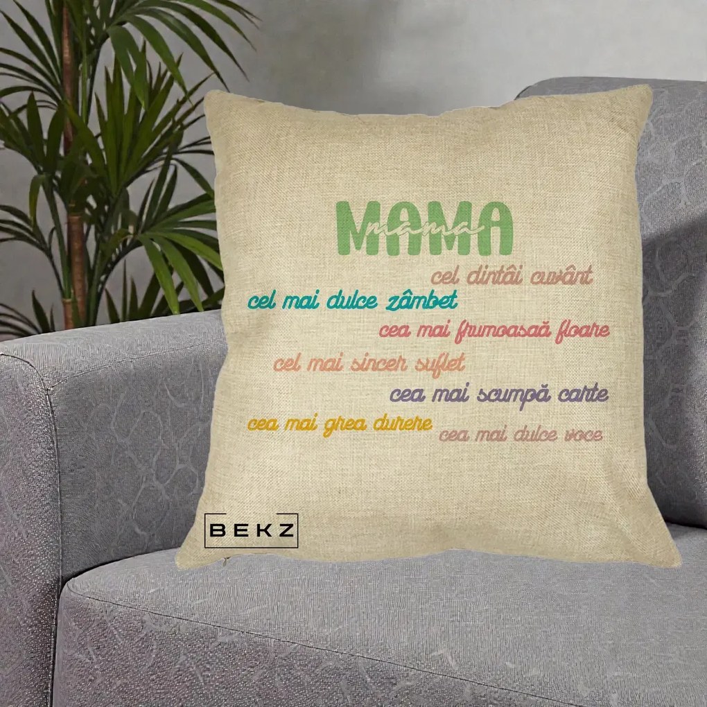 Perna personalizata mama: Mama, cel dintai cuvant, text colorat, 40x40 cm cu Umplutura, Crem, BEKZ