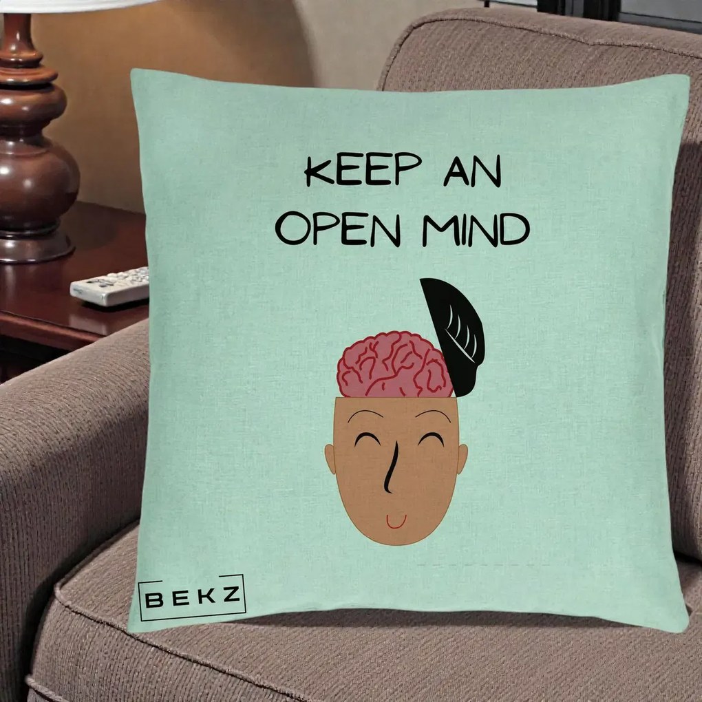 Perna Decorativa Keep An Open Mind, 40x40 cm, Verde Menta, Husa Detasabila, Perna Inclusa, BEKZ®