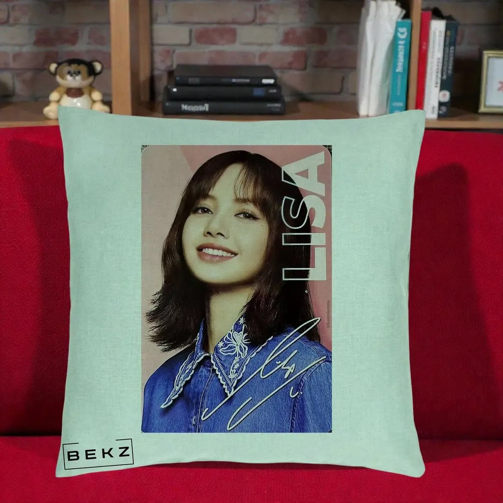 Perna Personalizata K-pop BLACKPINK Lisa cu Semnatura, 40x40 cm, Verde Menta, Husa Detasabila, Perna Inclusa, BEKZ®