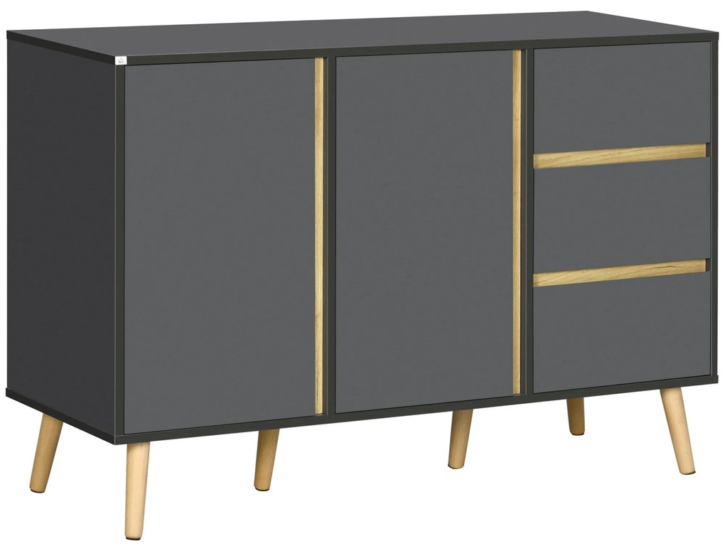 HOMCOM Bufet jos mobilier de depozitare pe picioare stil scandinav 2 usi 3 sertare 120 x 40 x 80 cm gri antracit | Aosom Romania