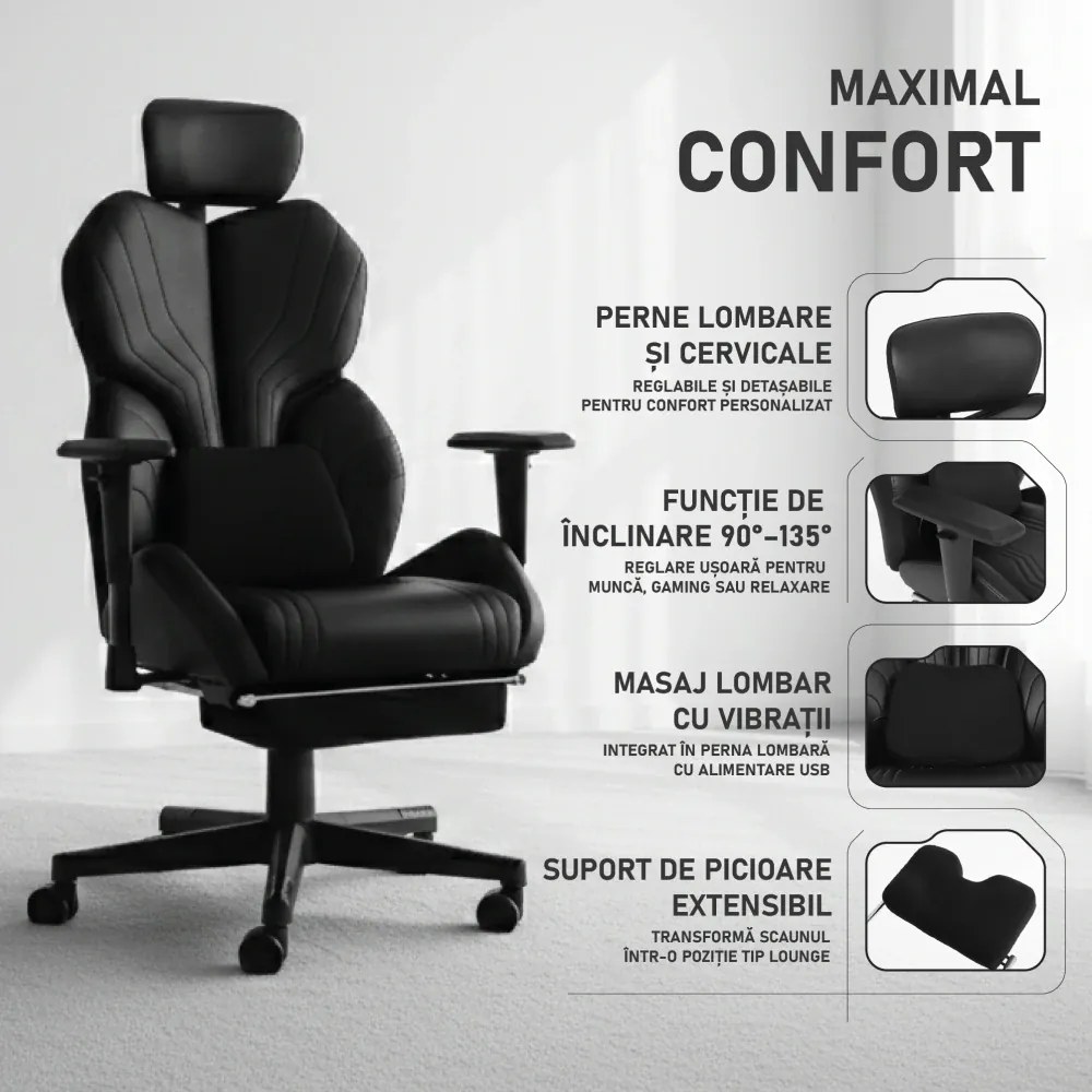 LUMINA X-Motion Confort – Susținere Lombară Avansată, Masaj Integrat și Relaxare Ergonomică Totală, PU, Negru