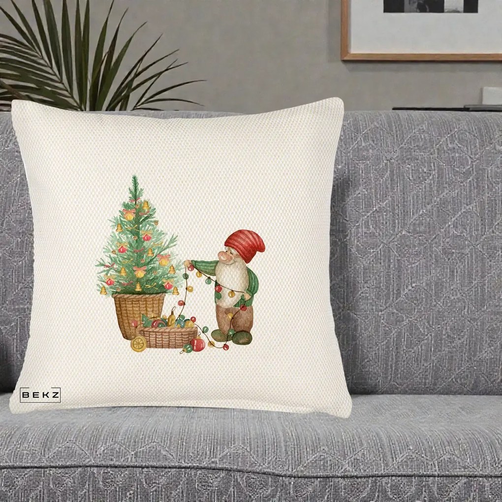 Perna Decorativa Pitic de Craciun cu Brad, 40x40 cm, Crem Reliefat, Husa Detasabila, Perna Inclusa, BEKZ®