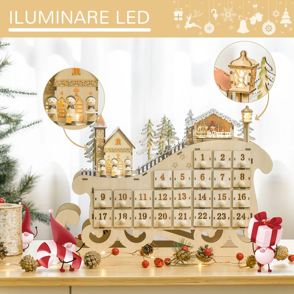 Calendar Advent din Lemn in Forma de Sanie cu 24 de Sertare de Umplut, Decoratiuni si Lumini 45x10x31cm HOMCOM | Aosom RO