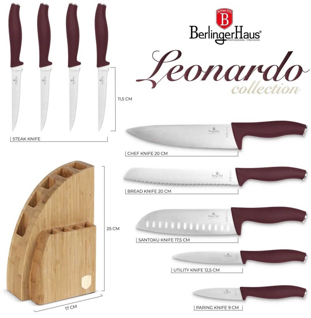 Set cutite 10 piese Leonardo Berlinger Haus BH 2980, visiniu, suport lemn