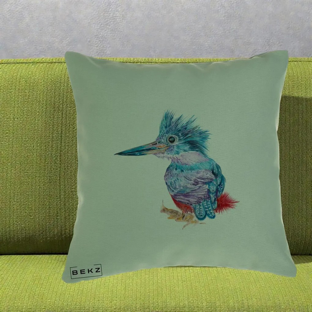 Perna Decorativa Pasare Martin Pescar Acuarela Albastru-Mov, 40x40 cm, Verde, Husa Detasabila, Perna Inclusa, BEKZ®