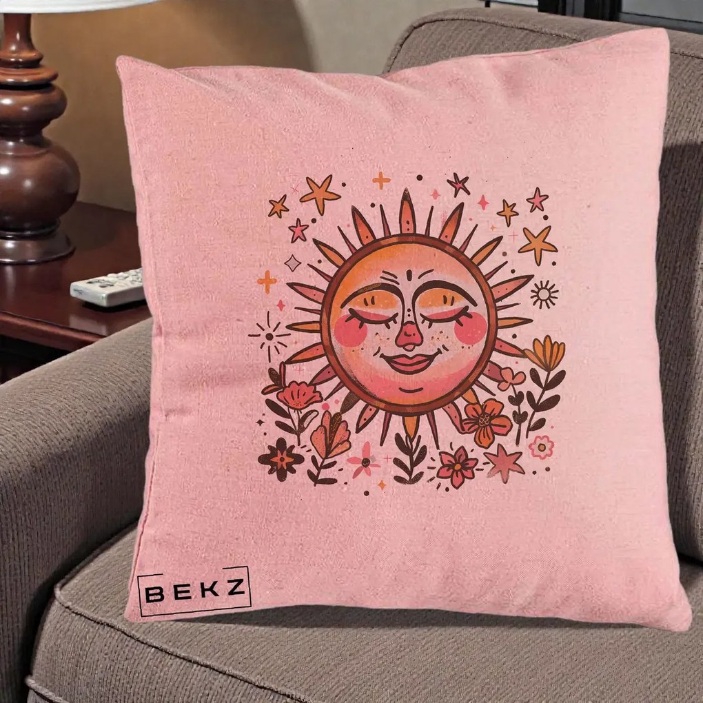 Perna Decorativa Soare Retro Boho Floral, 40x40 cm, Roz, Husa Detasabila, Perna Inclusa, BEKZ®