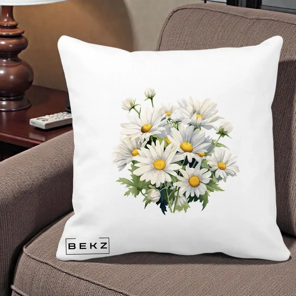 Perna Decorativa Buchet Margarete Albe Acuarela, 40x40 cm, Alba Mata, Husa Detasabila, Perna Inclusa, BEKZ®