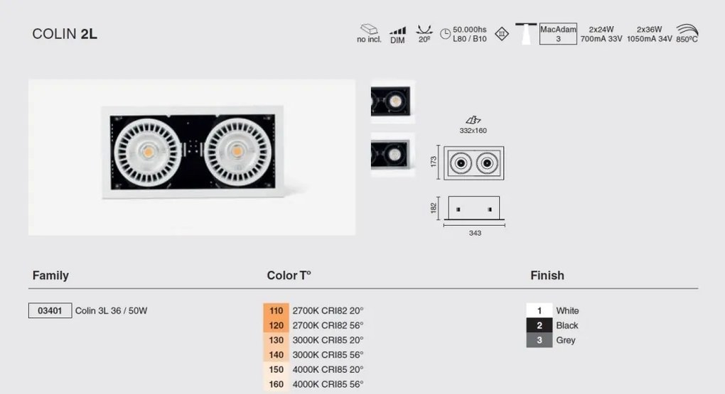 Spot LED incastrabil COLIN-2 White recessed 48-72W 4000K 56°