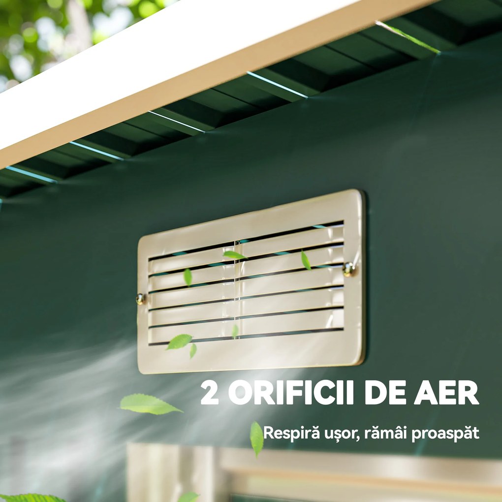 Outsunny Căsuță de Grădină 3,18m² din Oțel Zincat cu 2 Guri de Aerisire, Depozit pentru Unelte cu Uși Duble Culisante, Acoperiș Înclinat, 272x134x182 cm, Verde Întunecat | Aosom Romania