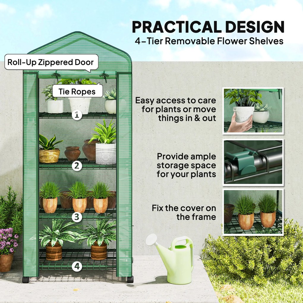 Outsunny Seră Portabilă, Seră pentru Flori și Plante pentru Exterior cu 4 Rafturi, Prelată PE, Verde | Aosom Romania