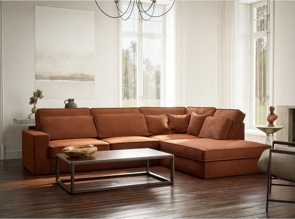 Colțar arămiu cu tapițerie din chenille (cu colț pe partea dreaptă/în formă de ”L”) Kirou – Maison de Rêve