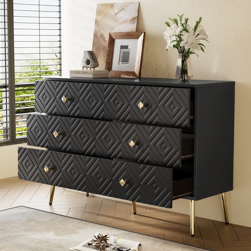 Comodă cu 6 sertare, cu model geometric și mânere în formă de diamant, pentru dormitor și living, 120x40x80 cm, Negru