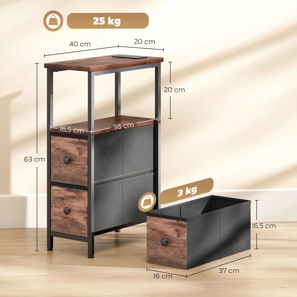 HOMCOM Masă laterală/masă de cafea cu stație de încărcare, cadru din oțel, 2 sertare textile, compartiment deschis, 20cm x 40cm x 63cm, Maro rustic | Aosom Romania