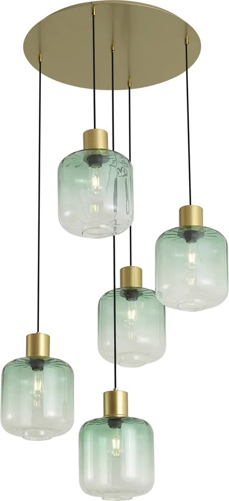 Lampă suspendată Hotel Chic alamă cu sticlă albastră și verde 5 lumini - Qara