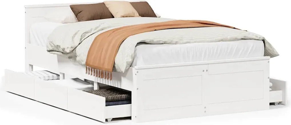 vidaXL Cadru pat fără saltea/cu tăblie, alb, 135x190cm, lemn masiv pin