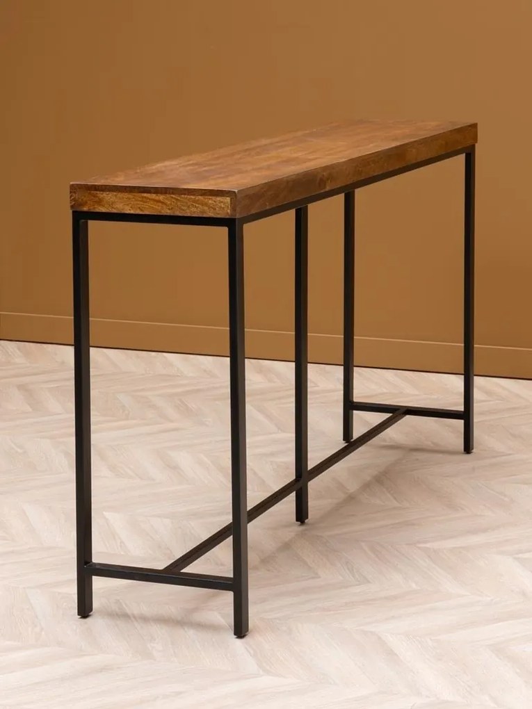 Consolă din lemn de mango, cu blat maro antichizat și picioare din metal negru, finisaj satinat, 180.5×40×98.5 cm, „Kirt"