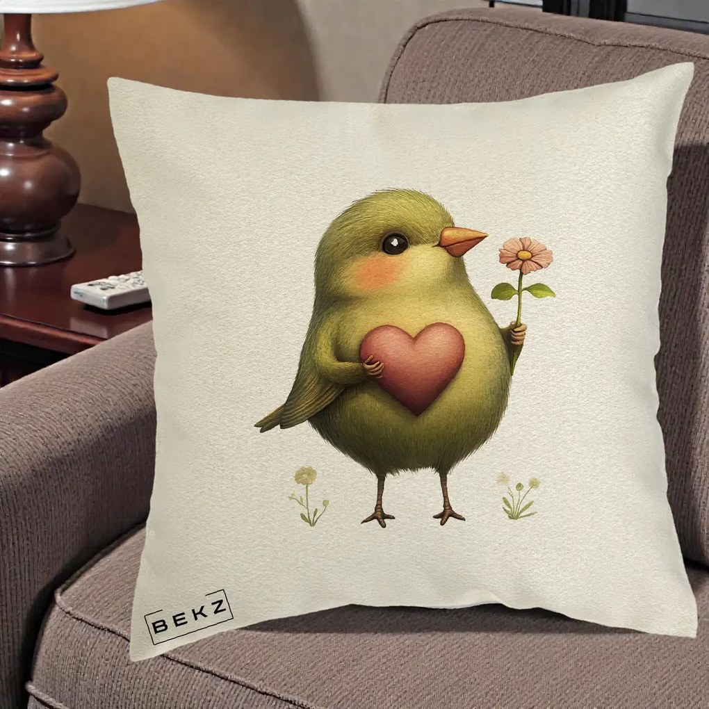 Perna Decorativa Pasare Verde cu Inima si Floare, 40x40 cm, Ecru, Husa Detasabila, Perna Inclusa, BEKZ®