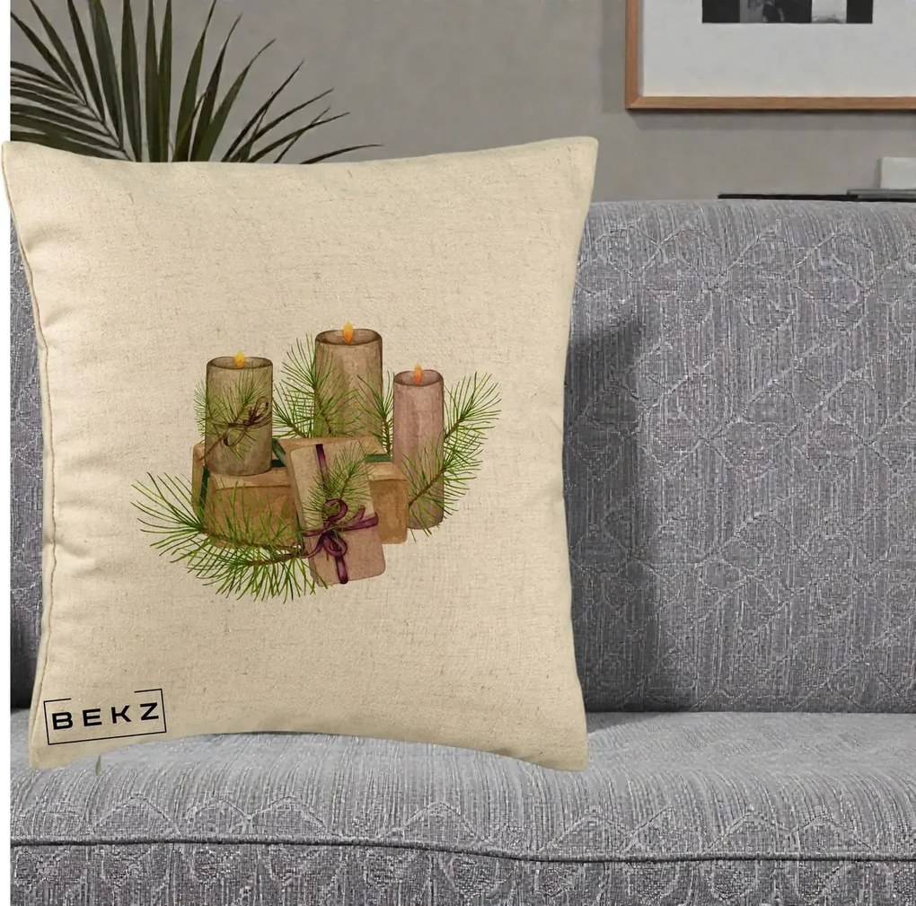 Perna Decorativa Lumanari cu Cadouri Naturale, 40x40 cm, Bej, Husa Detasabila, Perna Inclusa, BEKZ®