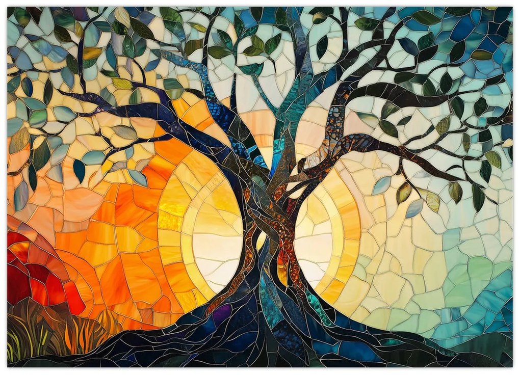 Tablou pe sticlă – Mozaic – soare și arbore I. (70x50 cm)