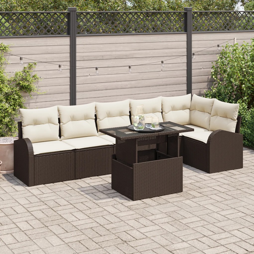 vidaXL Set de canapea pentru grădină de 7 piese cu perne, din rattan poly maro