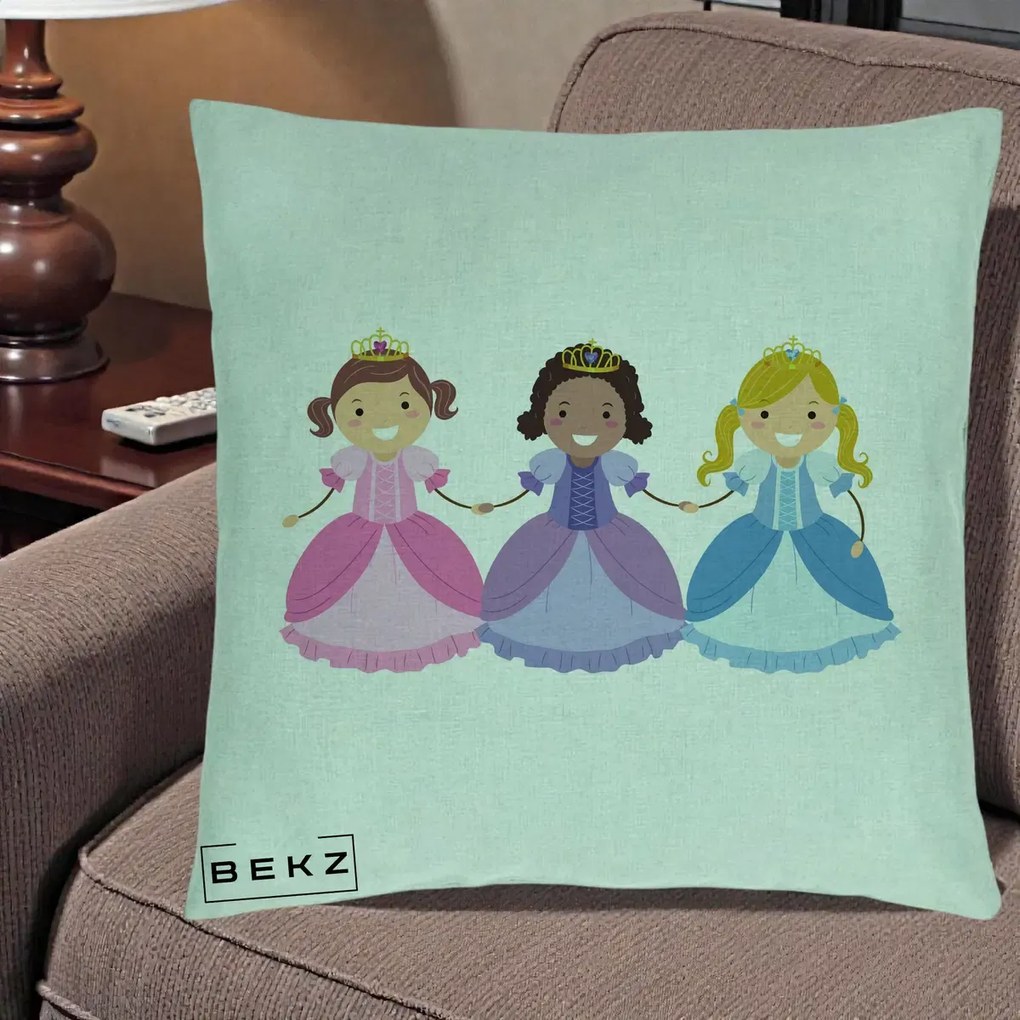 Perna Personalizata Printese Diverse Ilustratie, 40x40 cm, Verde Menta, Husa Detasabila, Perna Inclusa, BEKZ®