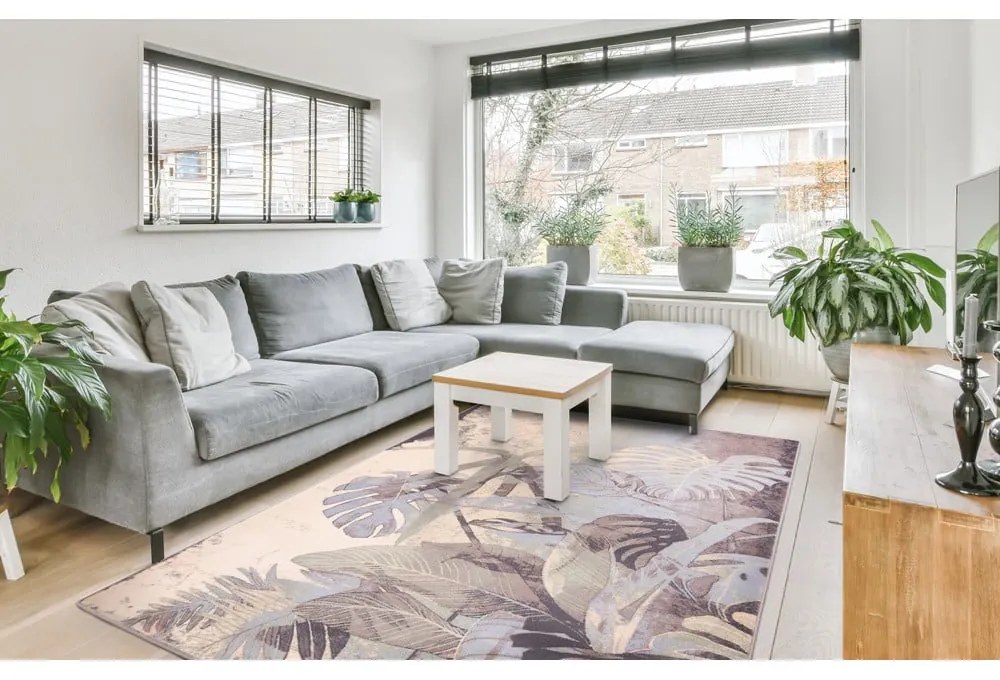 Covor gri/crem din lână 133x180 cm Plants – Agnella