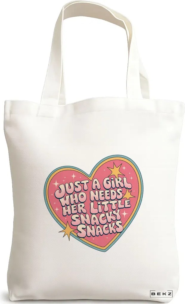 Sacosa de Panza pentru Cumparaturi, Geanta Tote, model Just a girl who needs her little snacky snacks 38 x 34.5 cm, Alba, BEKZ®