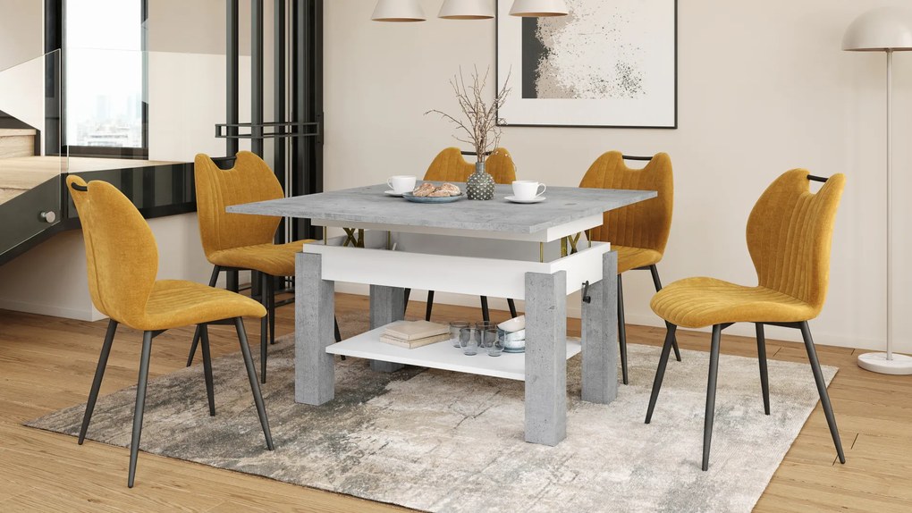 Mazzoni BRAWO Beton Millennium/Alb - MĂSUȚĂ DE CAFEA CU BLAT EXTENSIBIL ȘI RIDICABIL MASĂ CU RAFT