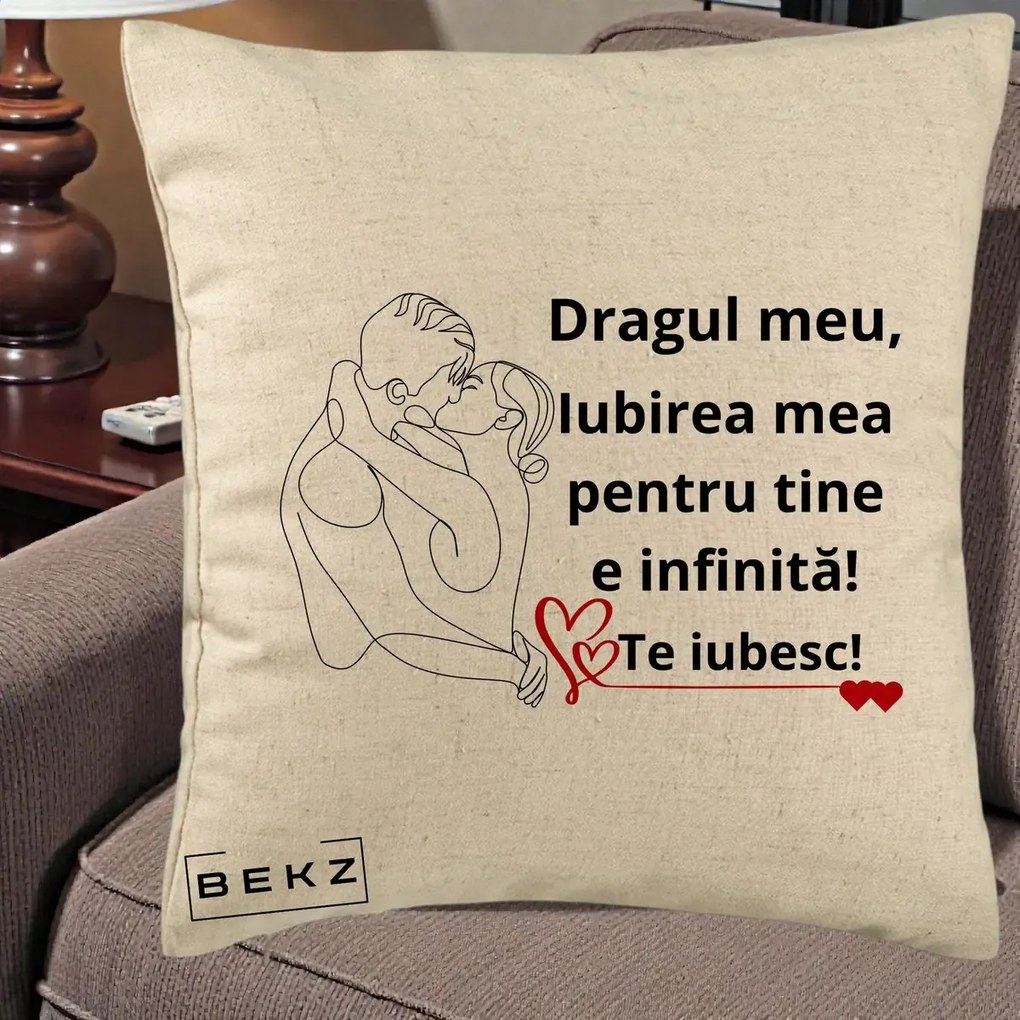Cadou pentru Iubit - Perna Personalizata Dragul Meu Iubirea Mea pentru Tine e Infinita Te Iubesc, 40x40 cm, Bej, Husa Detasabila, Perna Inclusa, BEKZ®