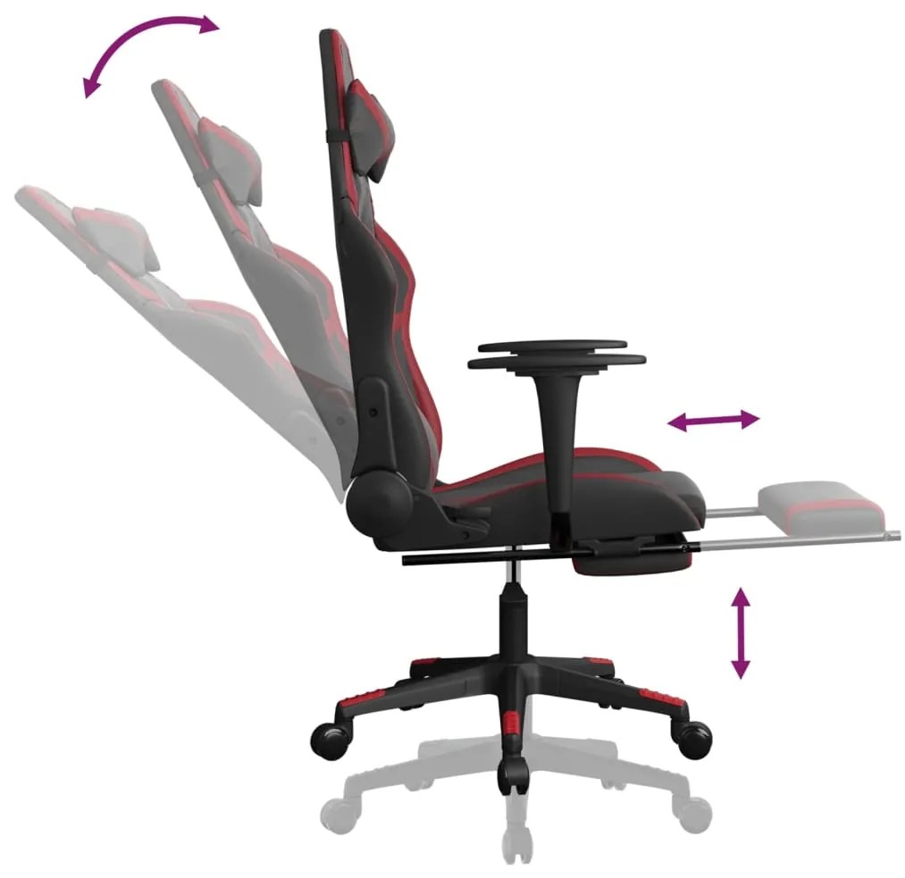 Scaun de gaming masaj suport picioare negru rosu vin piele eco 1, black and wine red, Cu suport de picioare