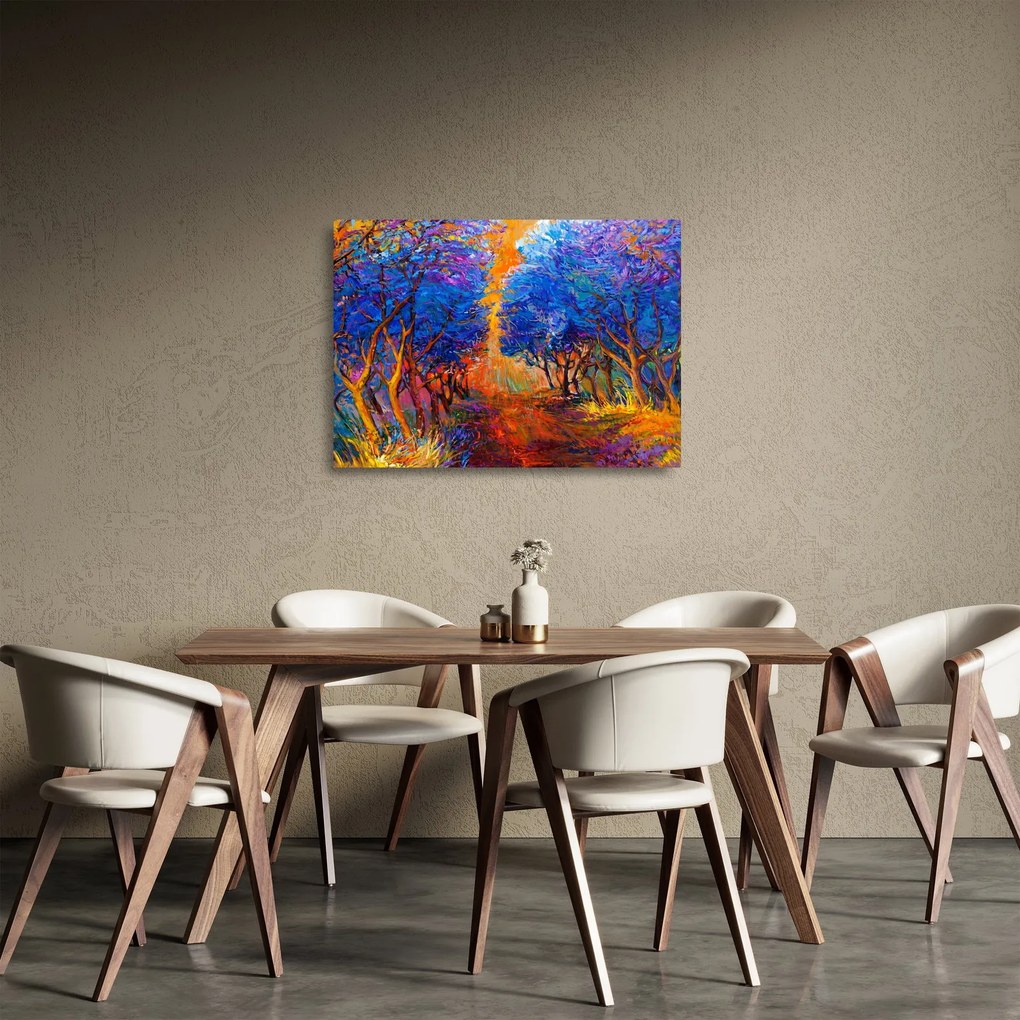 Tablou pe sticlă - Coroane de copac de toamnă, impresionism modern (70x50 cm)