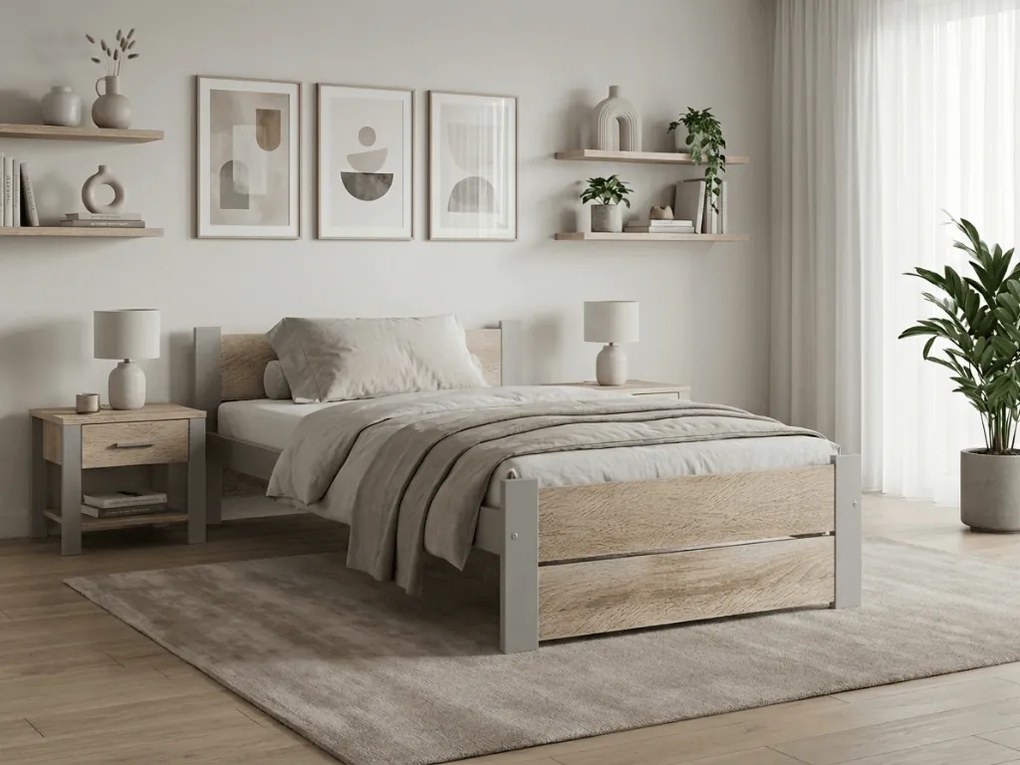 Pat de o persoana IKAROS DOUBLE 90 x 200 cm, stejar sonoma/gri Saltele: Fara saltea, Somiera pat: Cu lamele drepte