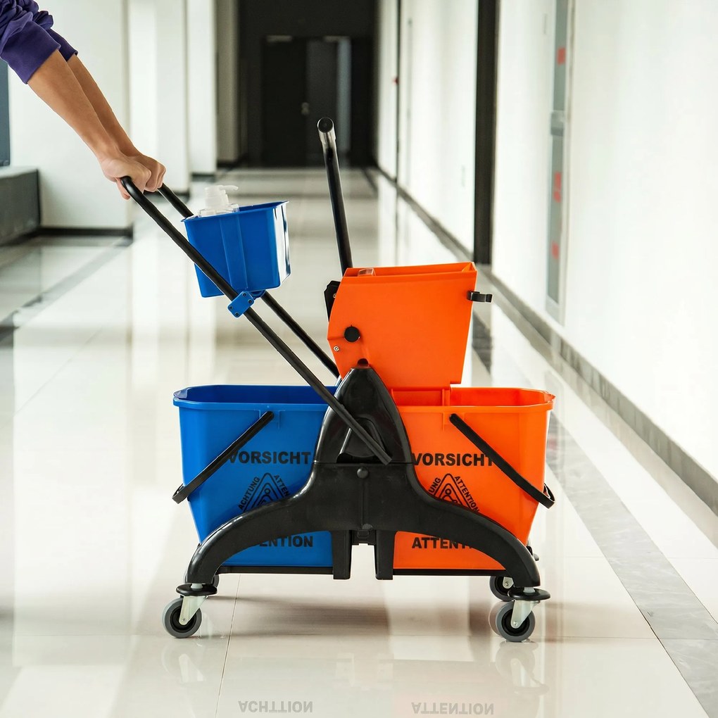 HOMCOM Cărucior Profesional de Curățenie cu 2 Găleți de 26L, Cărucior cu Presă, Mâner și 4 Roți Universale, pentru Hotel, Casă, Birou, 78x45x95 cm, Portocaliu și Albastru | Aosom Romania
