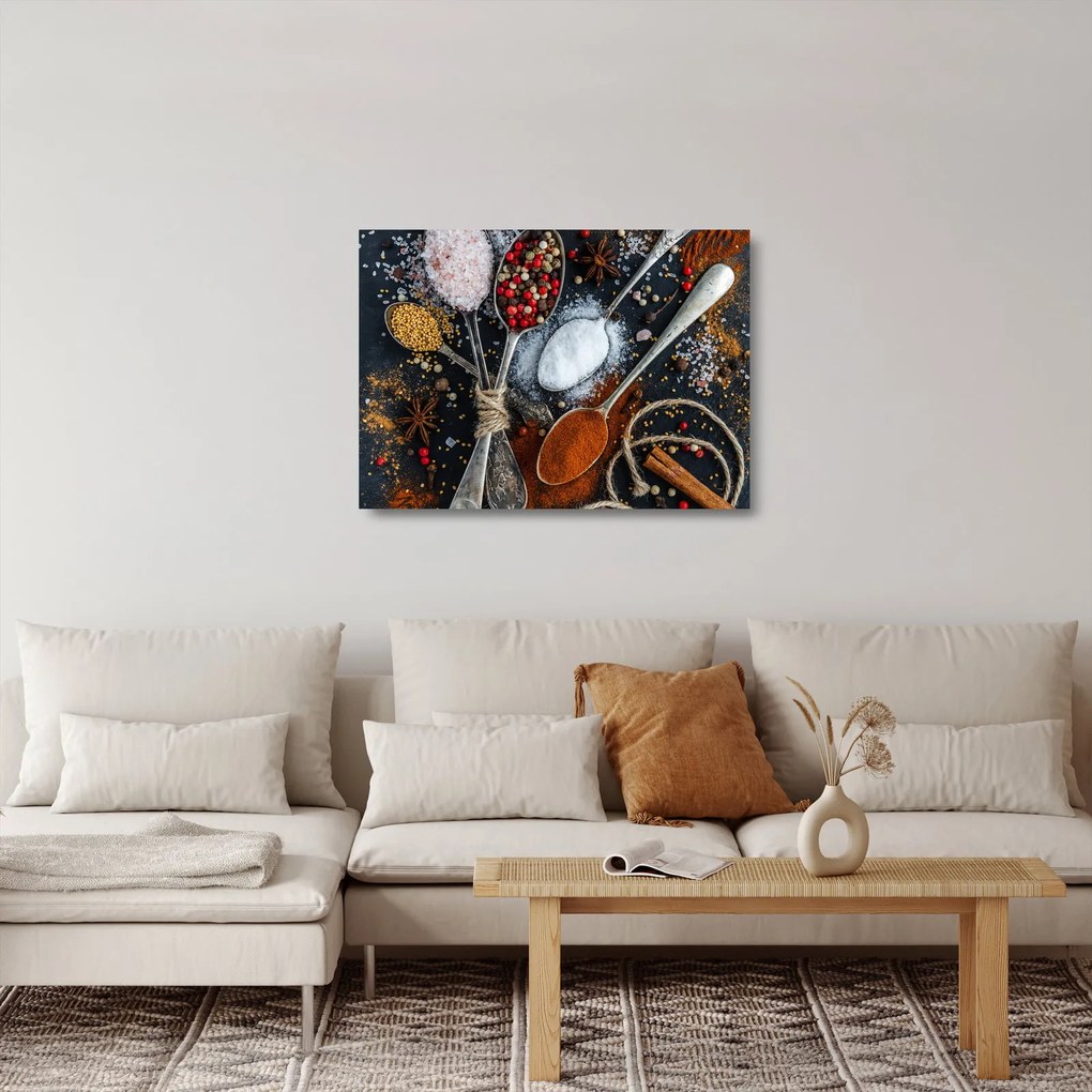 Tablou pe sticlă cu linguri cu condimente (70x50 cm)