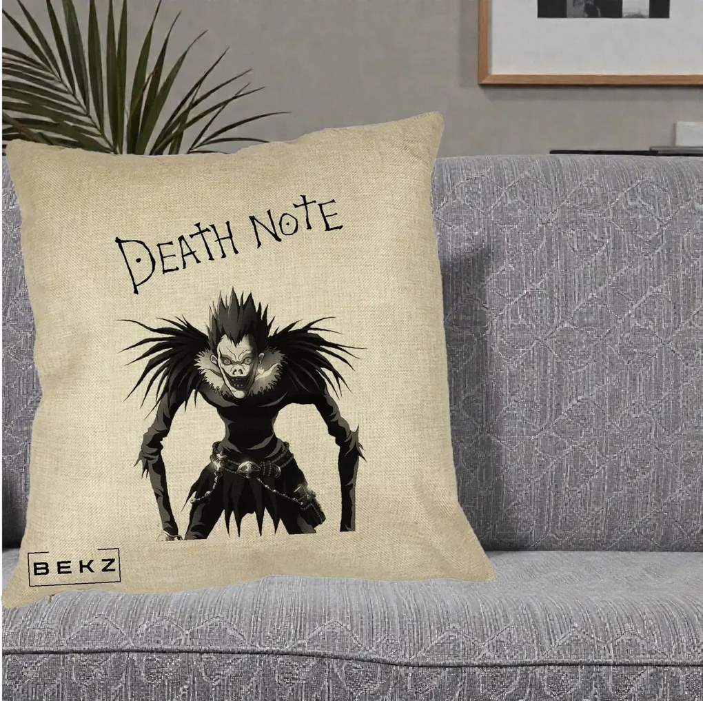 Perna Personalizata Death Note Ryuk Shinigami Alb-Negru, 40x40 cm, Crem, Husa Detasabila, Perna Inclusa, BEKZ®