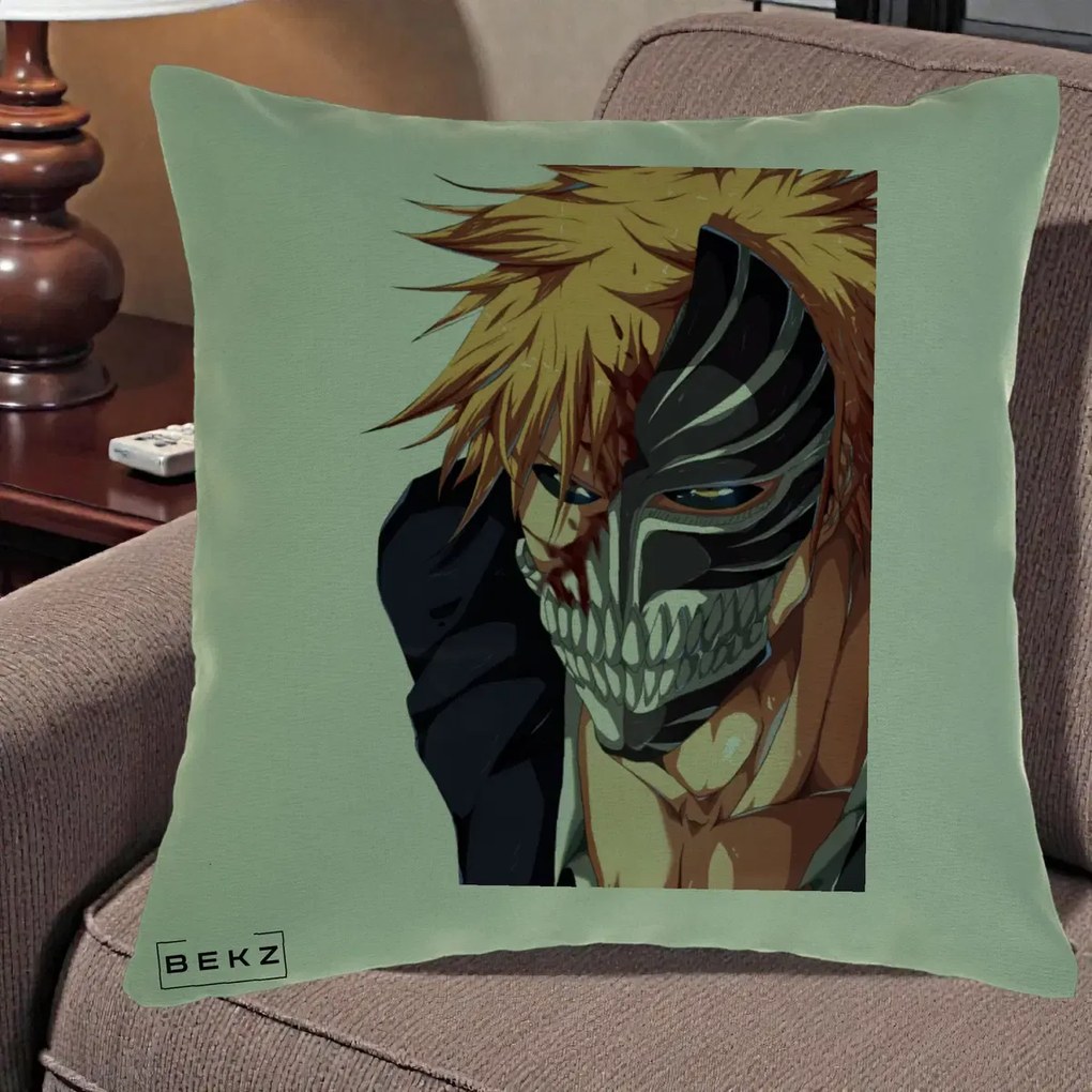 Perna Personalizata Bleach Ichigo Masca Hollow, 40x40 cm, Verde, Husa Detasabila, Perna Inclusa, BEKZ®