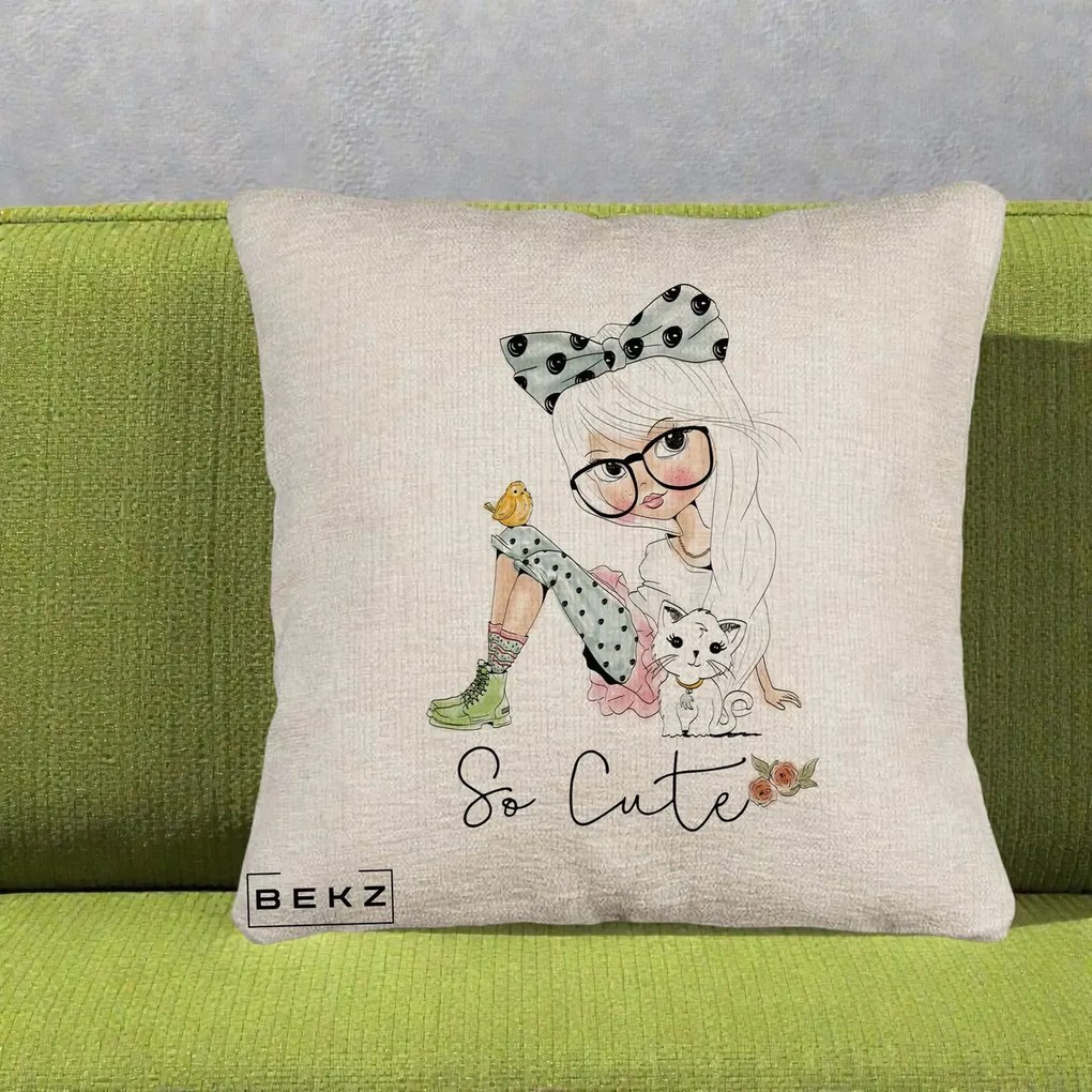 Perna Decorativa So Cute Fata Fashion, 40x40 cm, Bej Canapea, Husa Detasabila, Perna Inclusa, BEKZ®