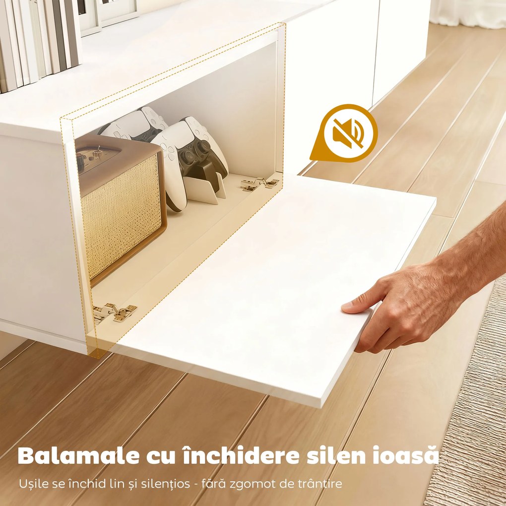 HOMCOM Mobilier TV Suspendat, Suport TV până la 82" cu 3 Dulapuri cu Uși Rabatabile Soft Close, Dulap pentru Televizor pentru Living, Dormitor și Salon, 180x31.5x29.8 cm, Alb Lucios | Aosom Romania