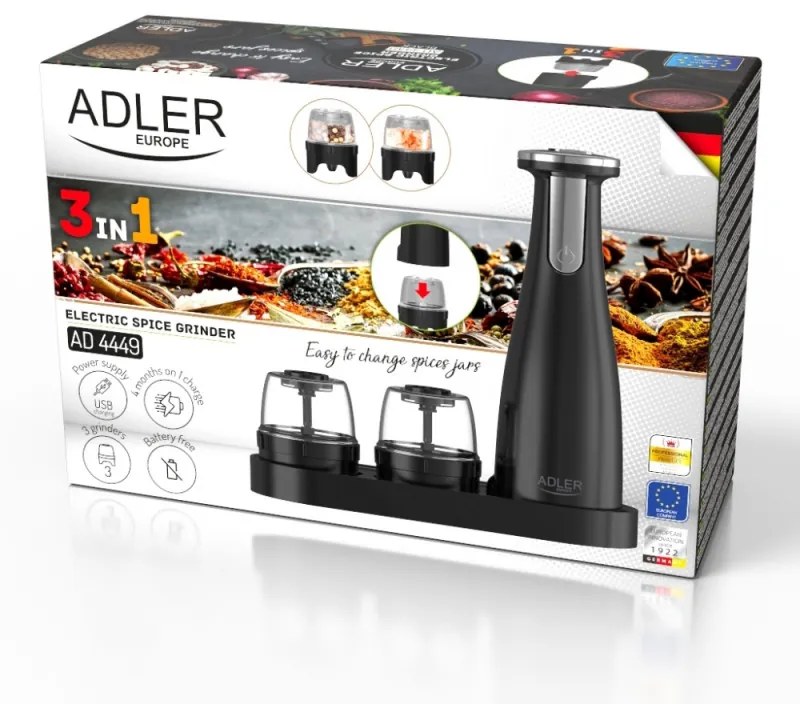 Rasnita electrica cu 3 recipiente condimente Adler AD 4449B, 150 ml, USB, Baterie Li-Ion 1500mAh, Lame ceramice, Negru