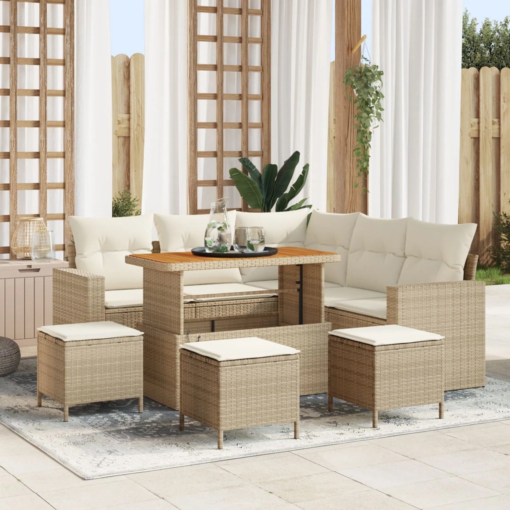 vidaXL Set de canapele de grădină , cu 8 piese și perne bej din poly rattan și acacia