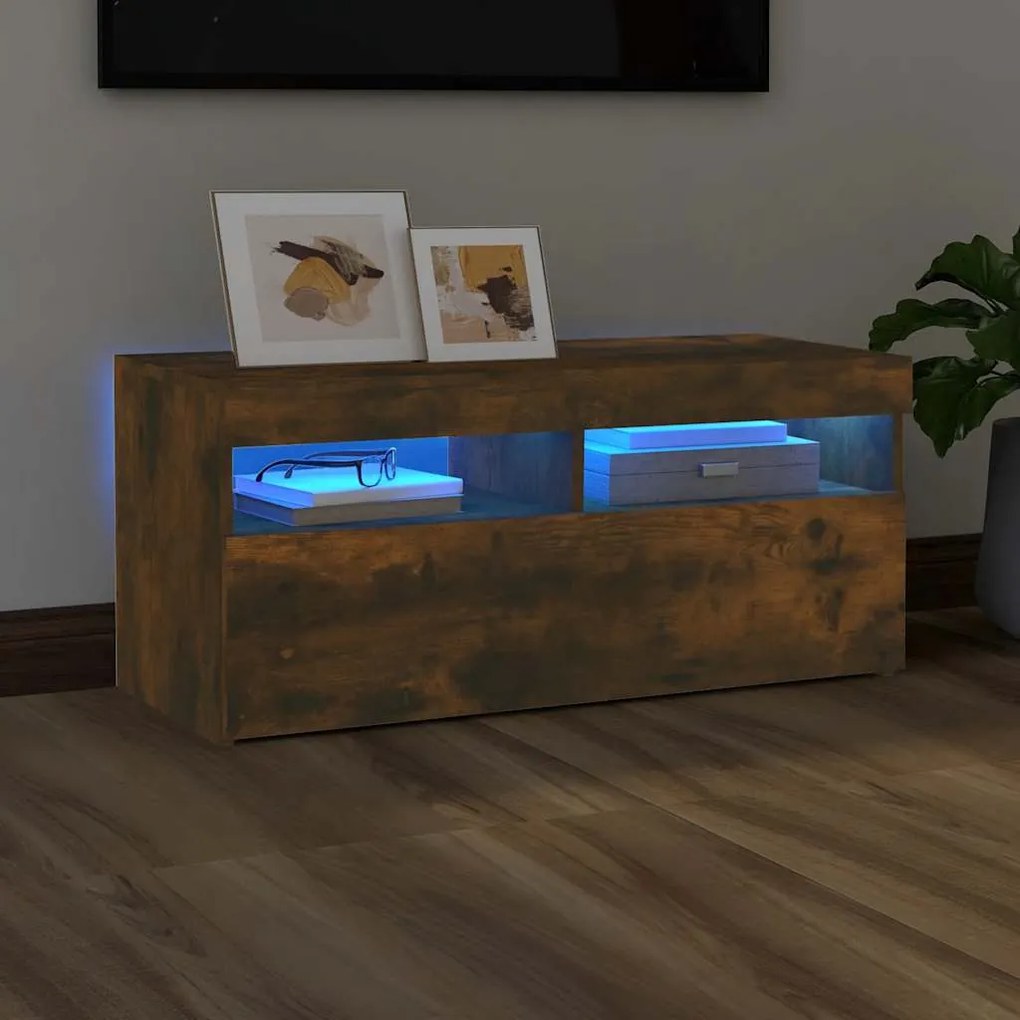 vidaXL Comodă TV cu lumini LED, stejar fumuriu, 90x35x40 cm