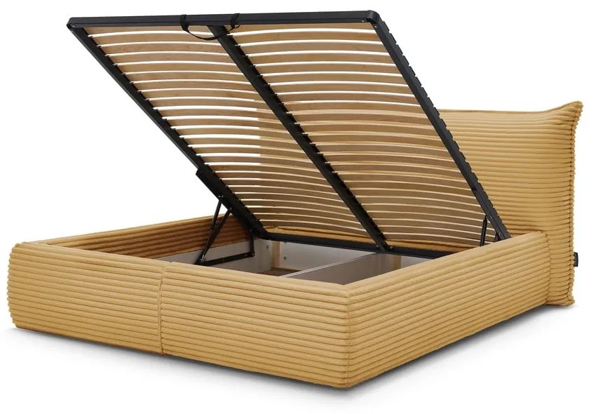 Pat matrimonial galben tapițat cu spațiu de depozitare cu somieră 160x200 cm Jade – Bobochic Paris