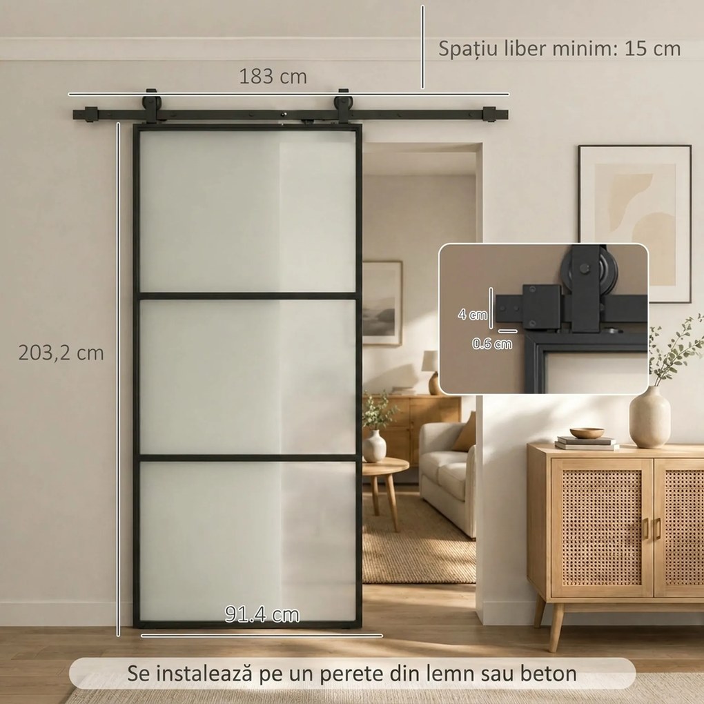 HOMCOM Ușă Glisantă Exterioară pentru Perete 91.4x203.2cm In Sticlă Mată Per Bucătărie | Aosom Romania