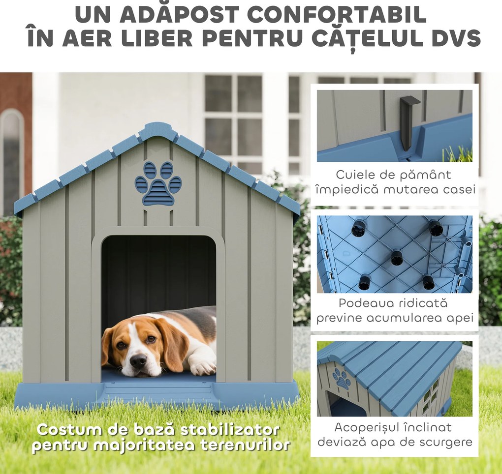 PawHut Căsuță pentru Câini din Plastic pentru Exterior, Impermeabilă, pentru Câini de Talie Medie cu Bază Ridicată, Ferestre și Acoperiș pentru Grădină, Patio, Terasă, Casă și Interior, 85x79x82 cm, Gri | Aosom Romania