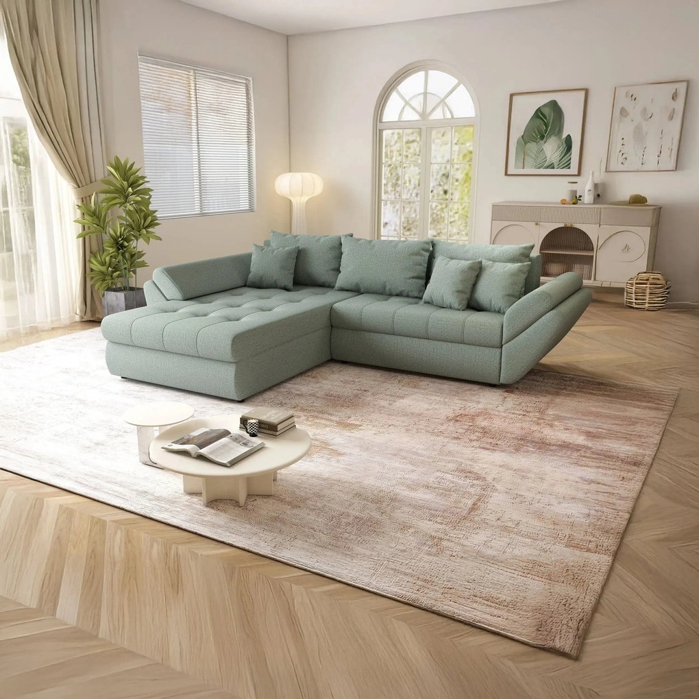 Colțar extensibil dumonde cu ladă de depozitare si sezut confortabil din spuma high-density, Loana Enjoy Mint 270x185 cm