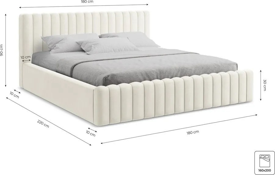 Pat matrimonial crem tapițat cu spațiu de depozitare cu somieră 160x200 cm Lemi – Makamii