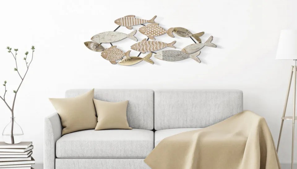 Panou decorativ maro/alb din metal si MDF, 118x5,7x46,4 cm, Fish Mauro Ferretti