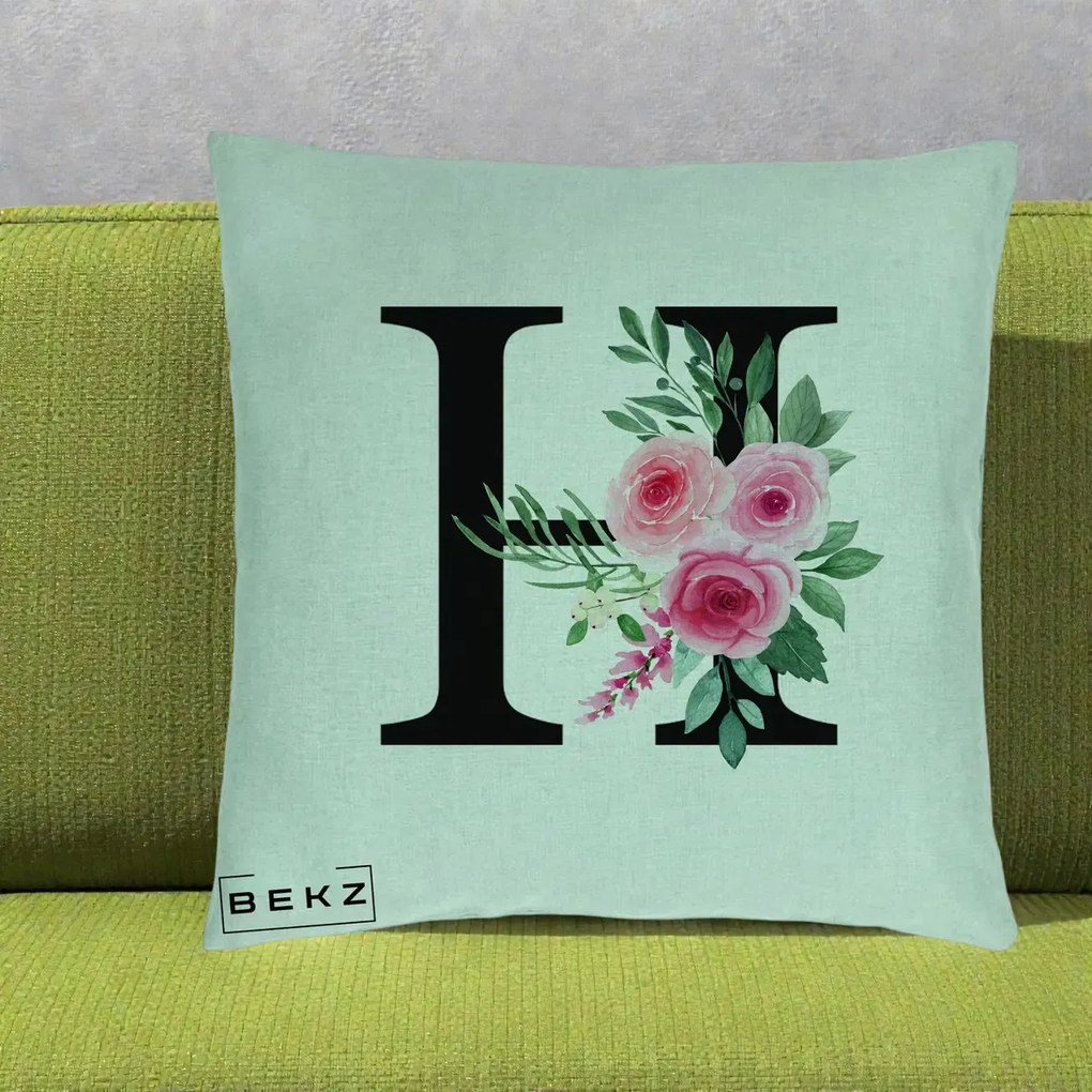 Cadou Personalizat - Perna Personalizata Monograma Florala Litera H cu Trandafiri Roz, 40x40 cm, Verde Menta, Husa Detasabila, Perna Inclusa, BEKZ®