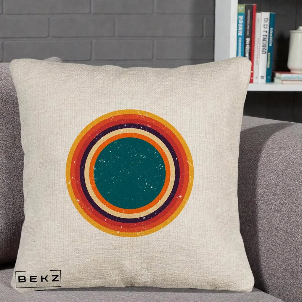 Perna decorativa Retro Cerc Concentric Geometric Vintage, 40x40 cm cu Umplutura, Bej Canapea, BEKZ